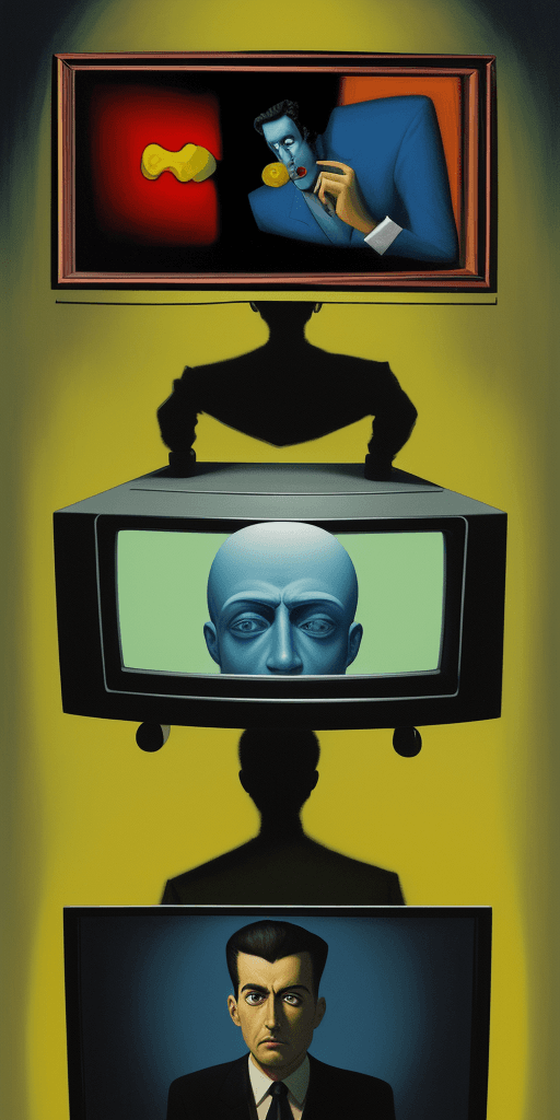 AI generated: a surrealist painting of a man who has a television for a head and on the tv screen IS his head.