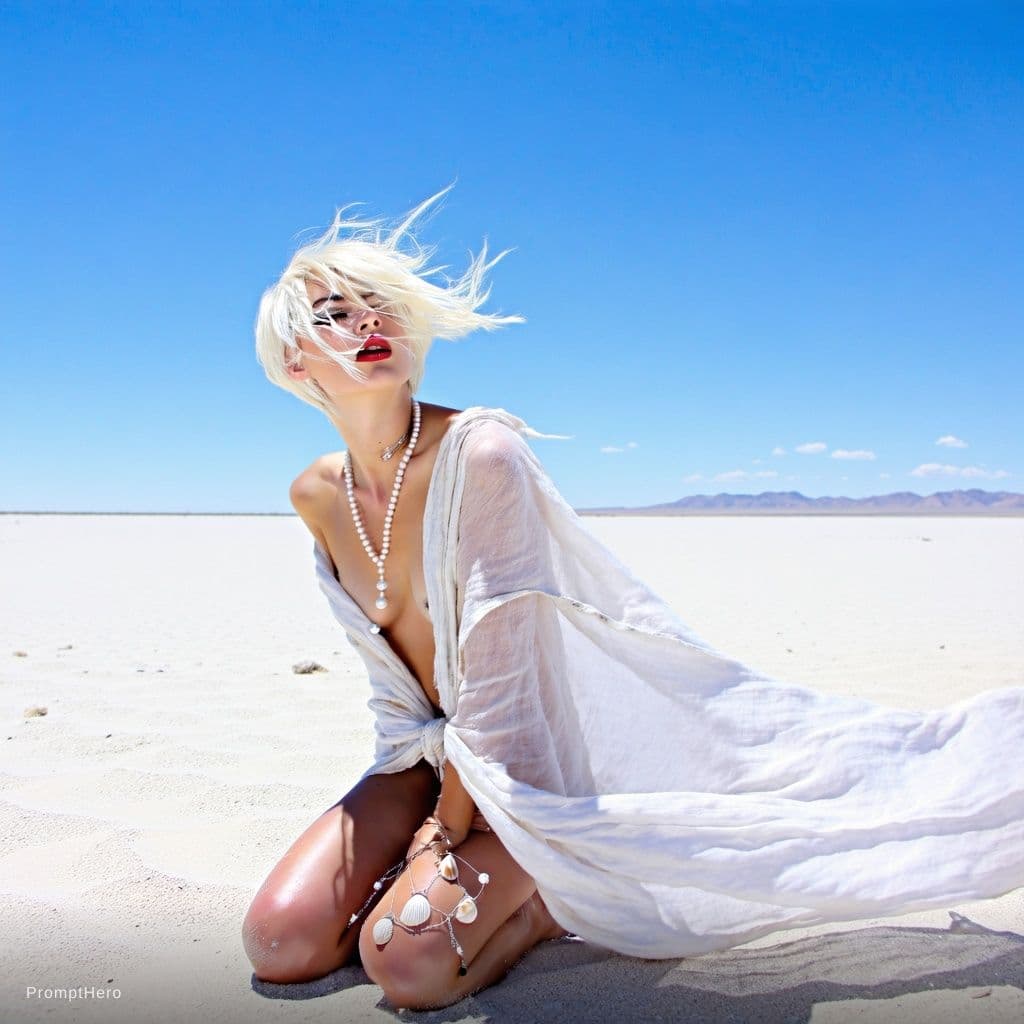 AI generated: A lone platinum blonde woman kneels in the glare of a bleached desert, cobalt sky stretching above. ...