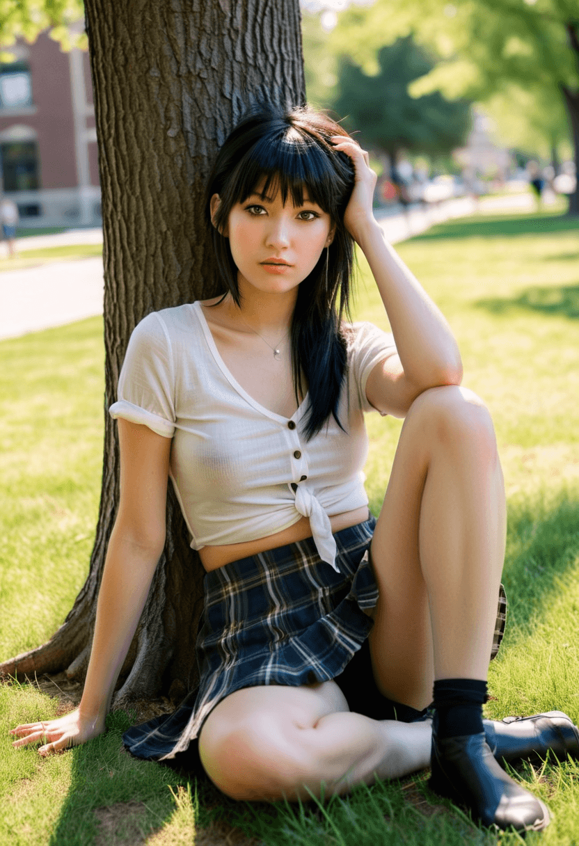 AI generated: photograph of a skinny fit 22 year old college woman, dark eyes, short black hair with bangs, loose ...