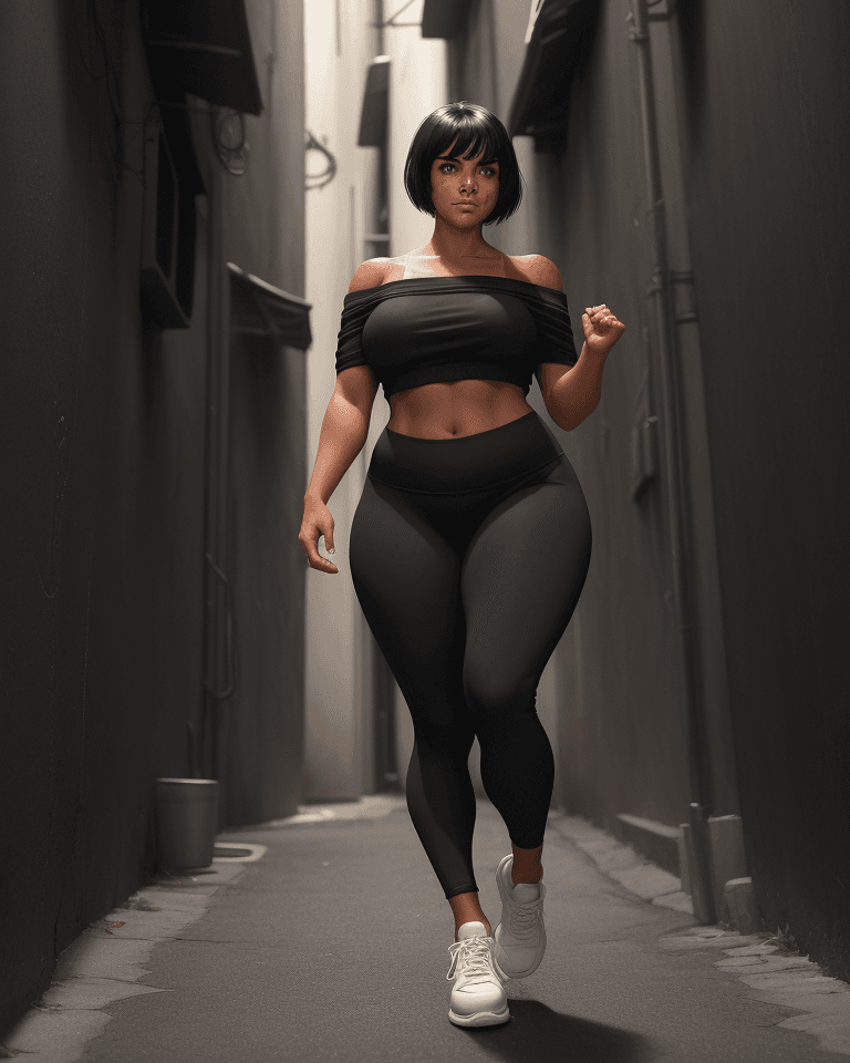 AI generated: a girl that is full-busted, tan, thick eyebrows, dynamic pose, freckles, short black hair with very ...