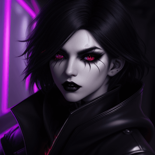AI generated: A vampire malewith white contact lenses and thick eyeshadow, wearing an oversized coat on a black li...