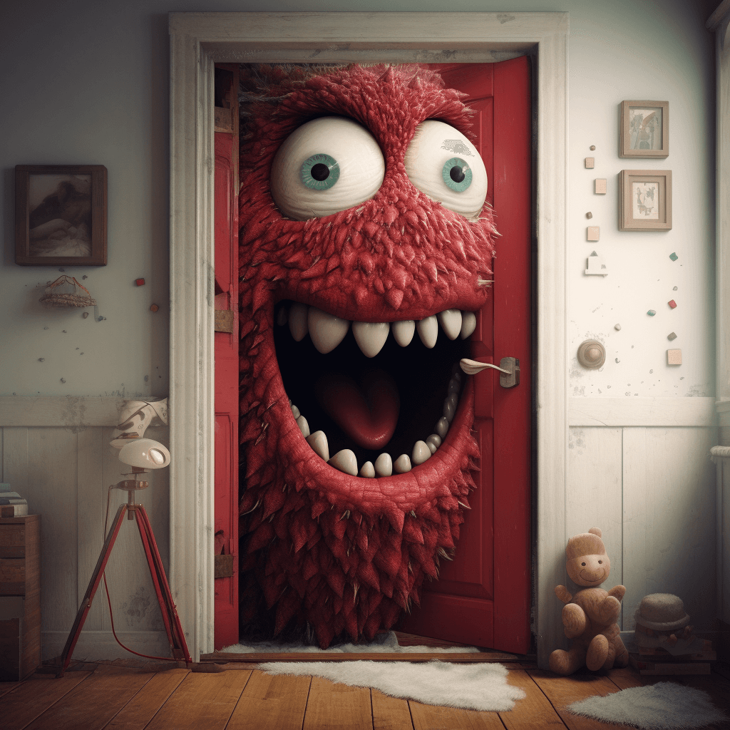 AI generated: an illustration that shows a monster coming out of a door, in the style of hyper-realistic atmospher...