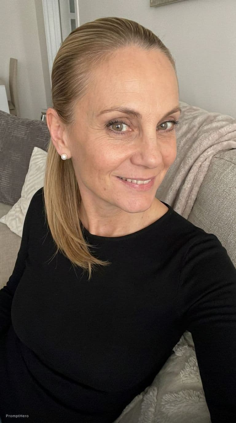 AI generated: Sitting on a couch, snapshot, wearing same bodycon dress at home, teasing, keep original makeup and ...