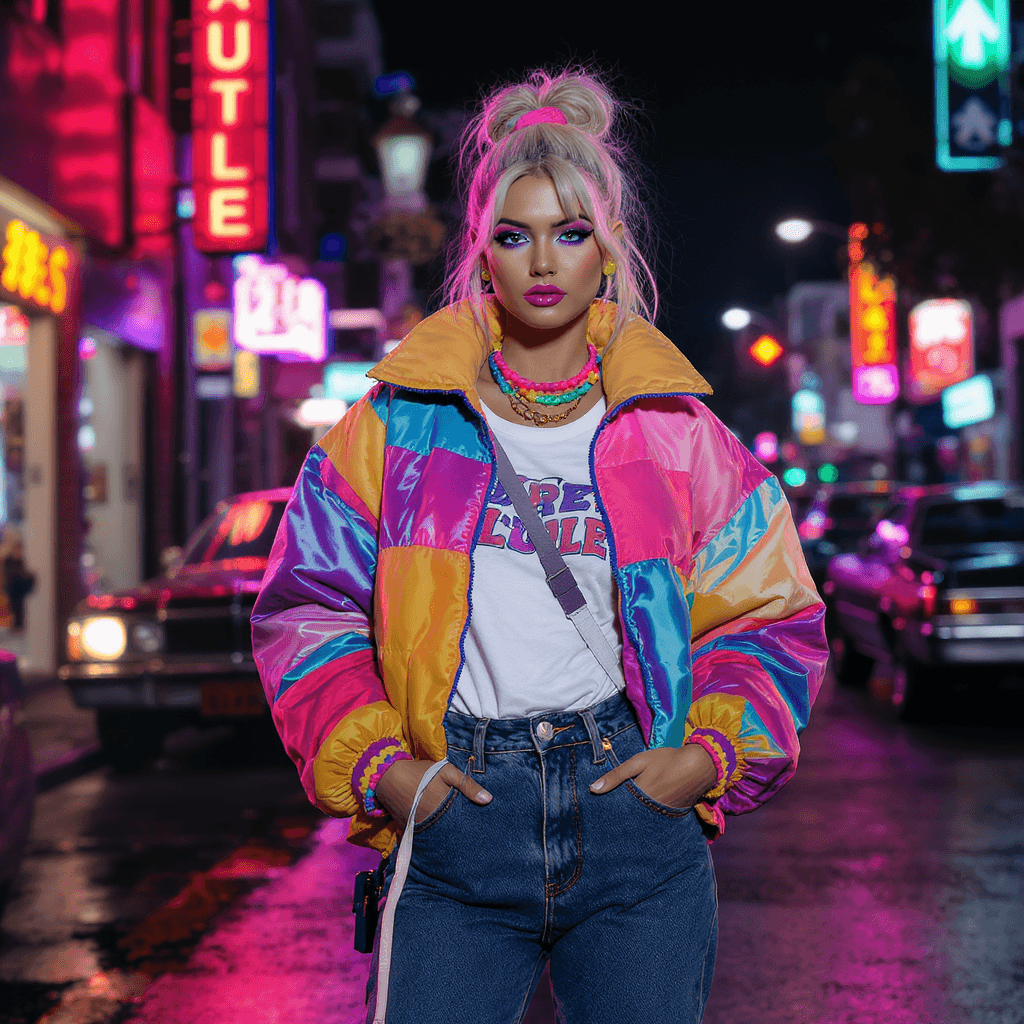 AI generated: A stylish 1980s girl, wearing vibrant retro fashion, colorful oversized jacket, high-waisted jeans, ...