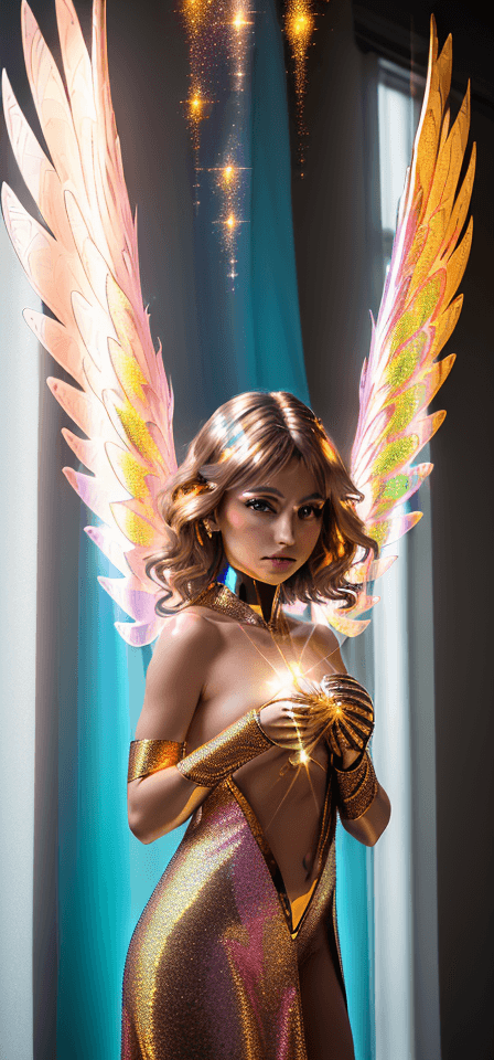 AI generated: a commercial photographic portrait of an archangel, sparklecore, appropriation artist, bright/glossy...