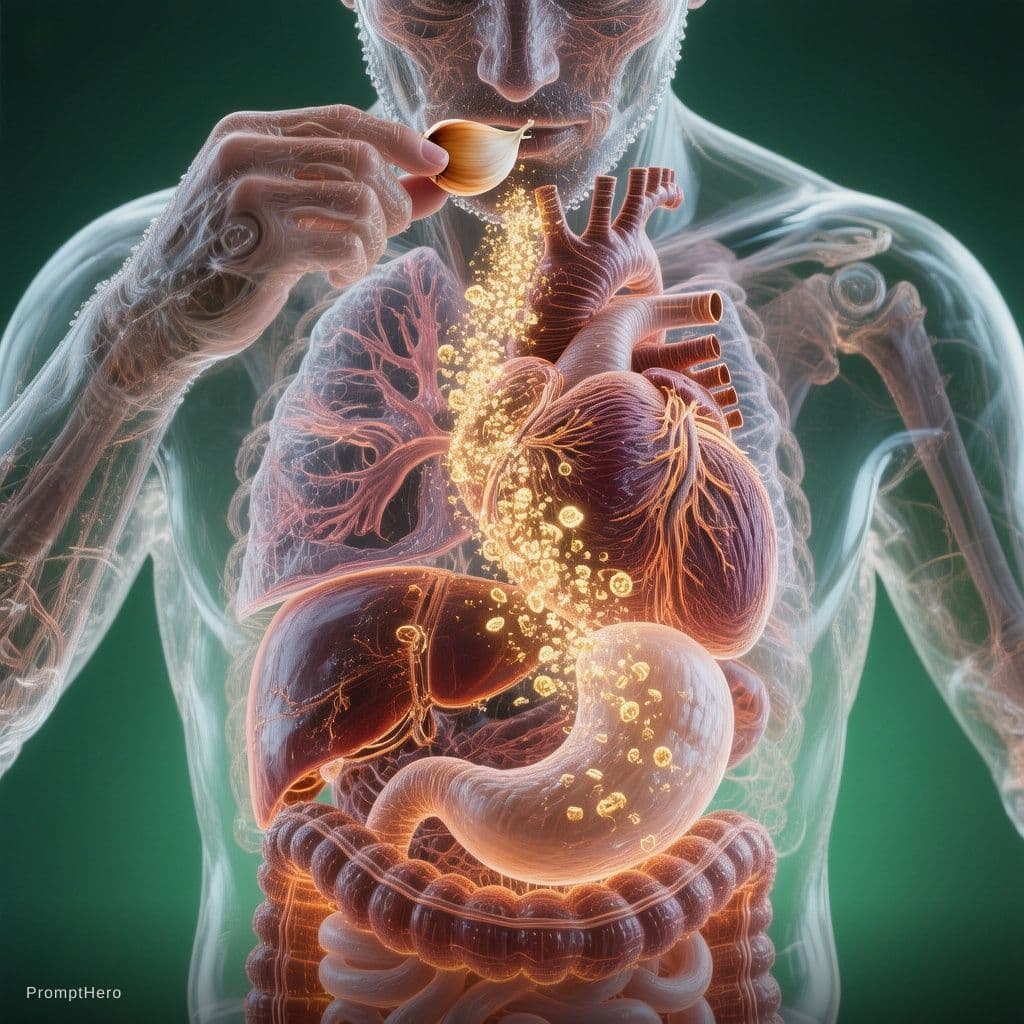 AI generated: Highly detailed 3D anatomical render of a transparent human torso holding a single raw garlic clove ...