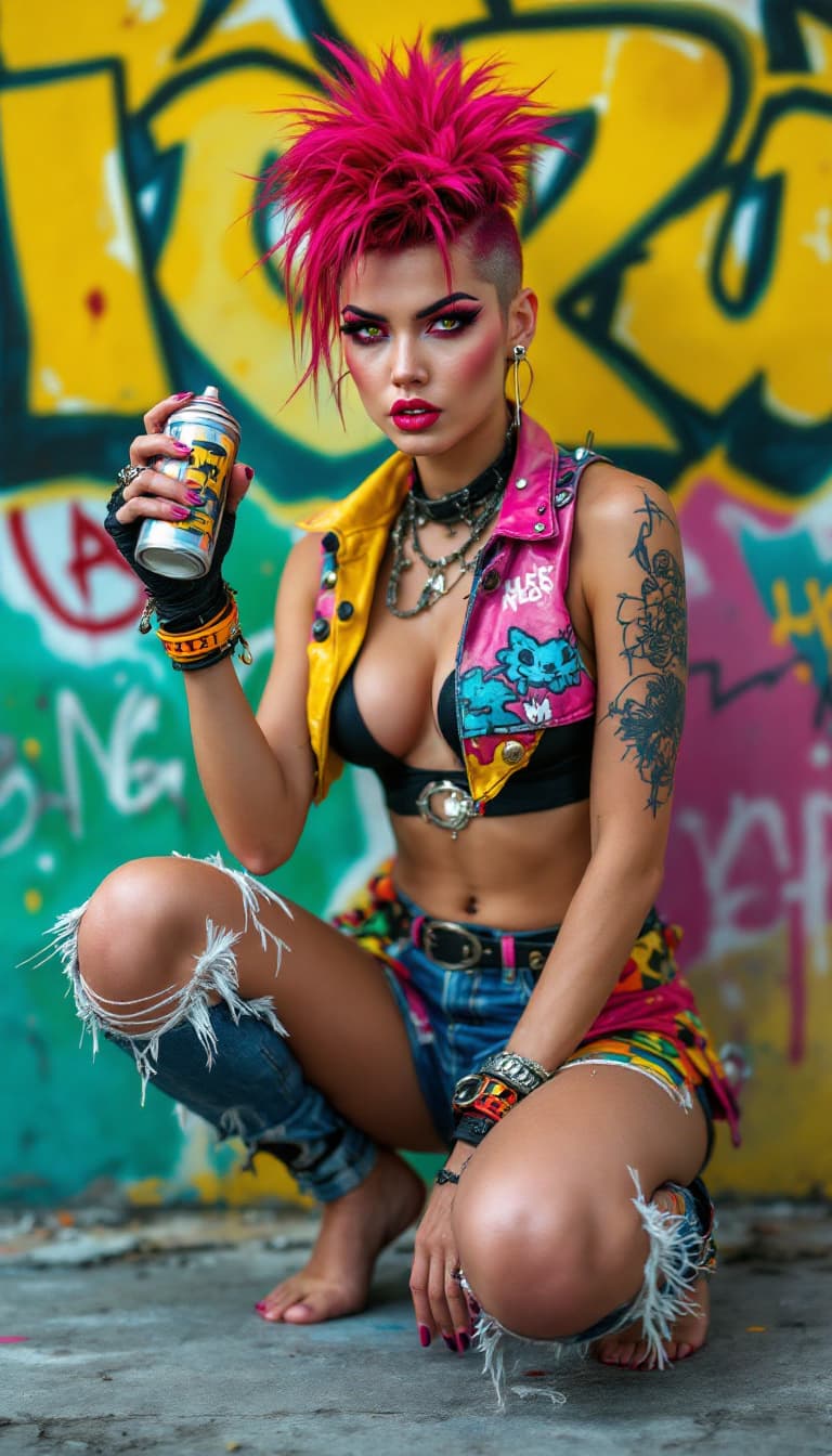 AI generated: Full-length view of a bold portrait of a rebellious woman, with a defiant look, fiery and energetic ...