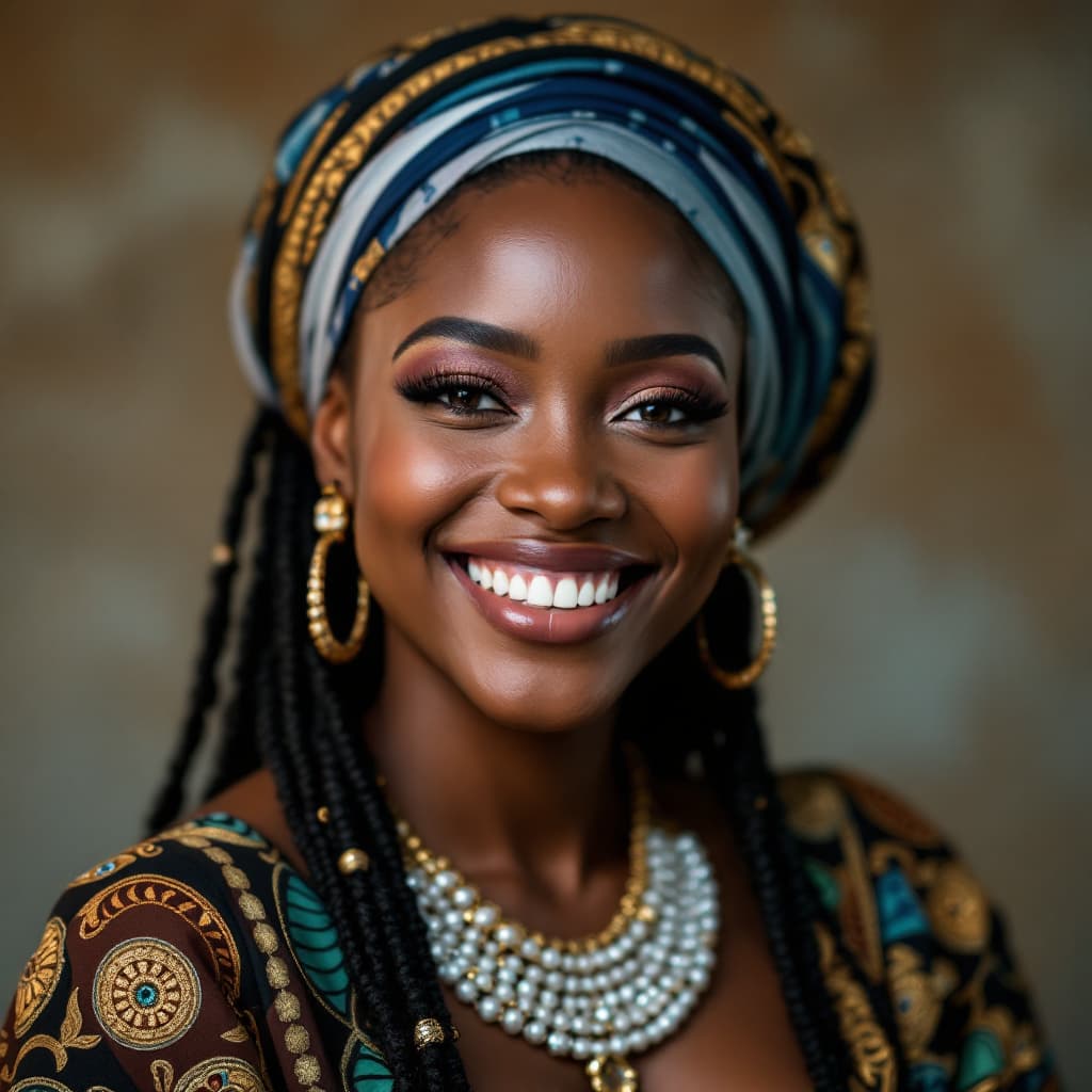 AI generated: A radiant smiling beautiful, gorgeous African Fulani woman in a MODERN, AFRICAN dressing outfit (RIC...