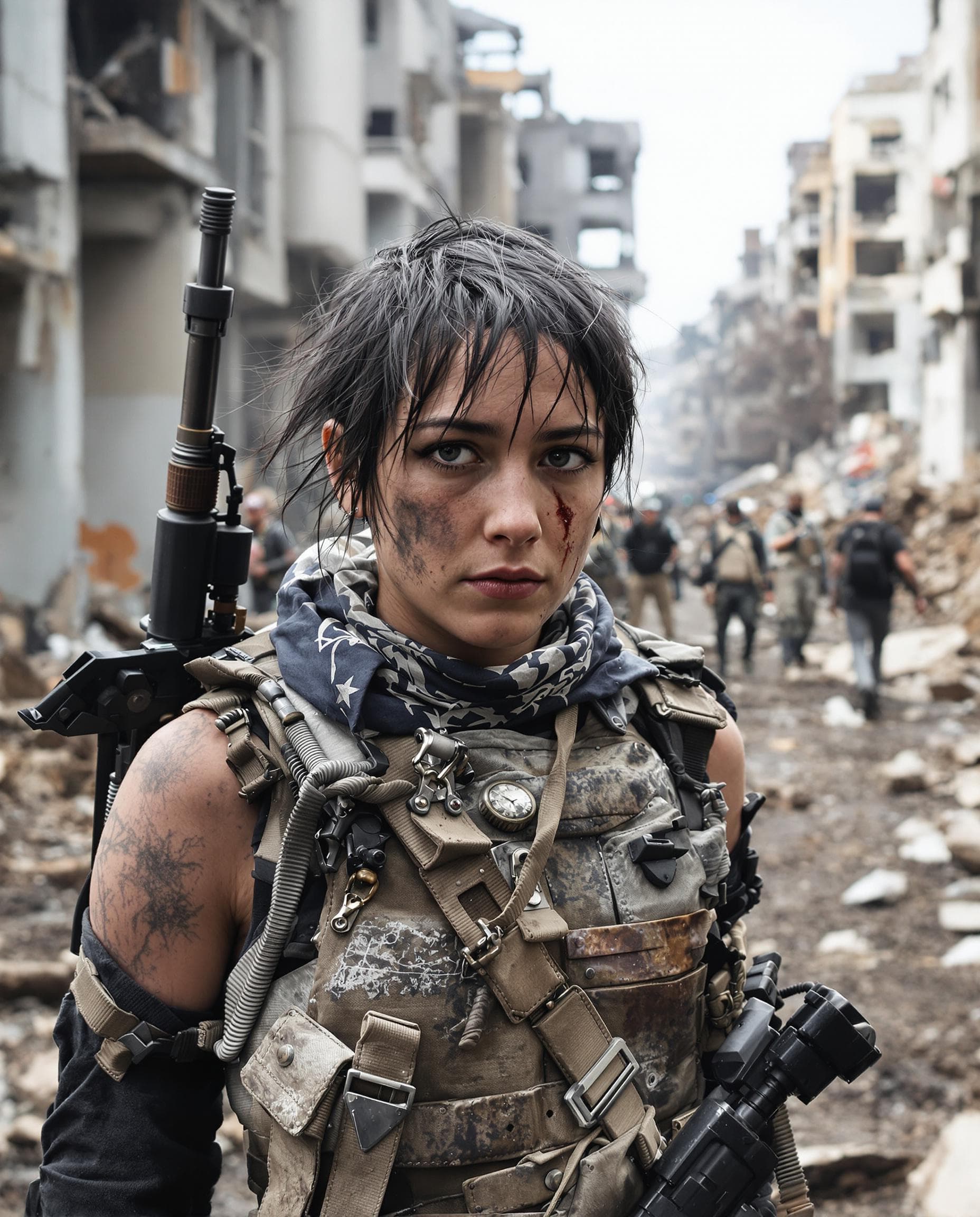 AI generated: A 21-year-old European girl stands in the ruins of a dystopian city, a determined fire in her gray e...