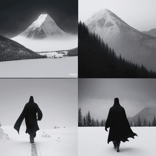 AI generated: 3 panels in one image, the top panel is a scenic view of a mountain scape during a blizzard with a t...