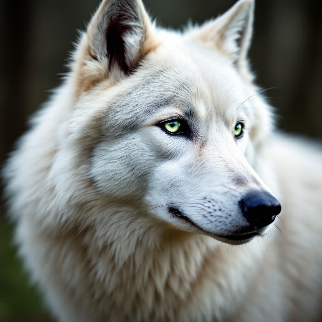 AI generated: Wolf oc, white wolf with husky coloring, green eyes, natural, wolf realistic, female wolf