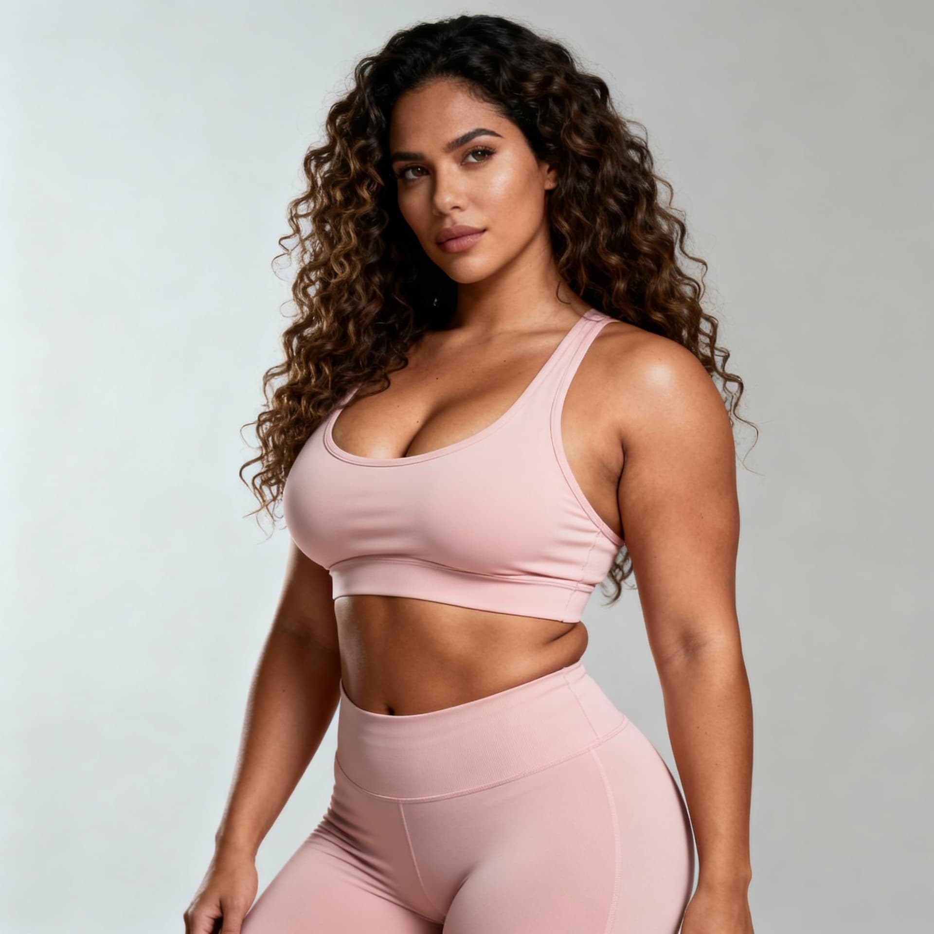 AI generated: A photorealistic image of stunning and curvaceous Latin woman with glowing caramel skin. Her long, c...