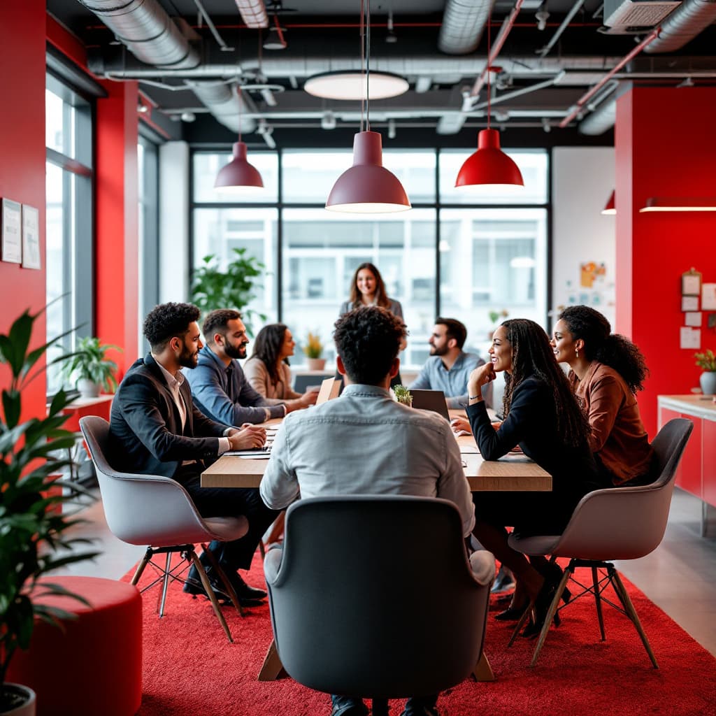 AI generated: Generate a photo of a diverse team brainstorming in a vibrant, modern office space, with red and gra...