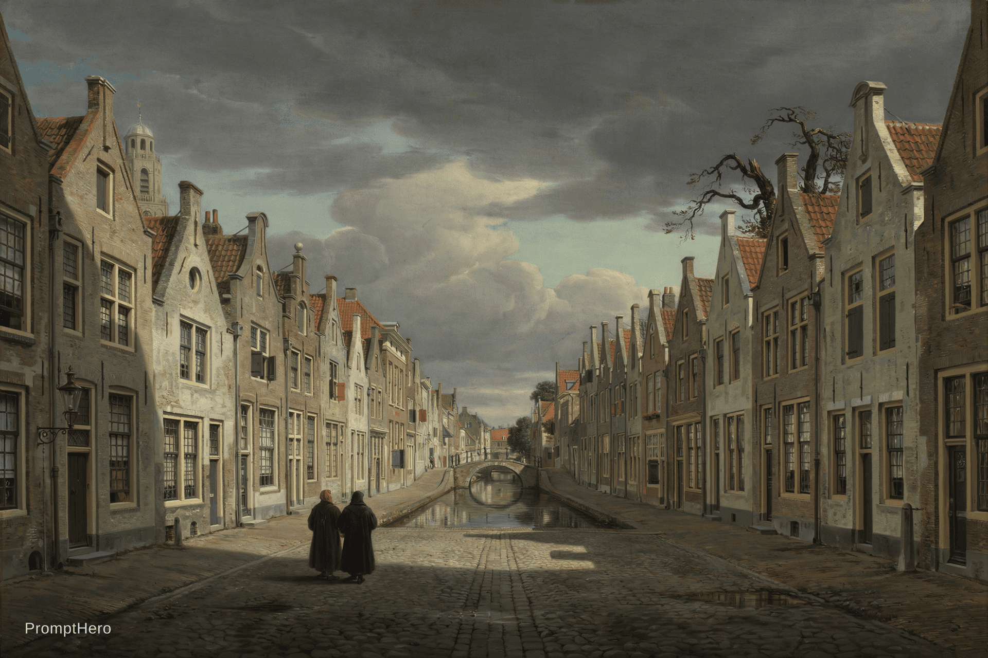 AI generated: 17th-century Dutch town square at twilight, detailed architectural style of Pieter Jansz Saenredam, ...