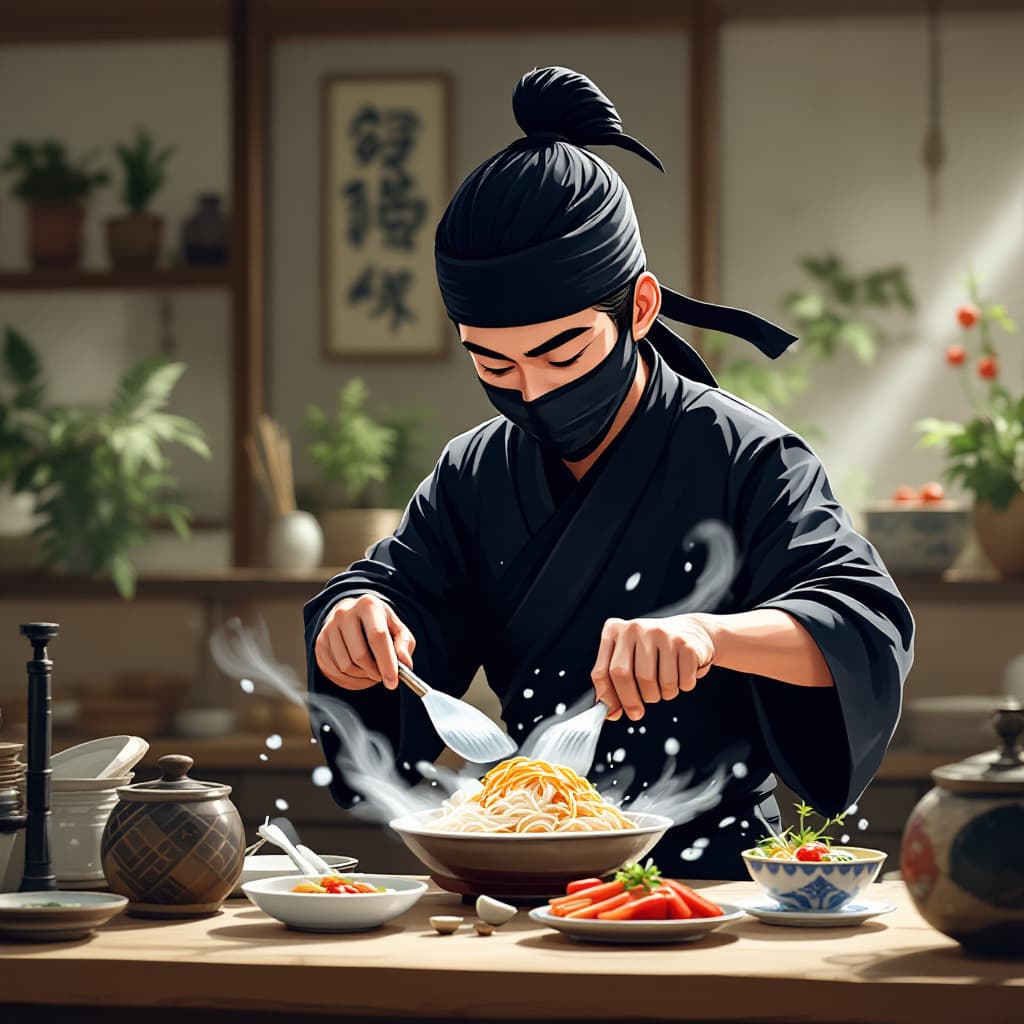 AI generated: A ninja chef cook symbolizing water prepares a national Japanese dish, in the style of Takeshi Murat...