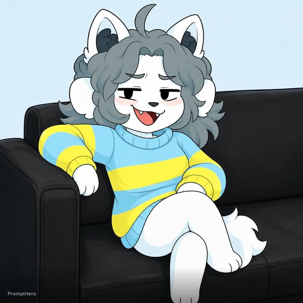AI generated: Edit image: She is sitting on black sofa, sassy, smug, Absolutely don't change her character design,...