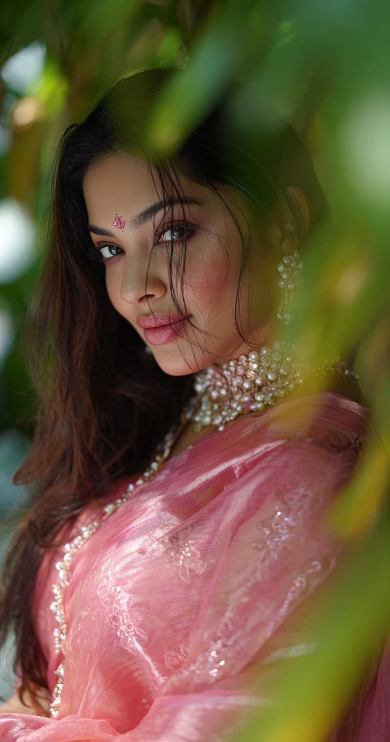 AI generated: A plus curvy, vulpturous breathtakingly beautiful indian woman, with long black hair, wearing a pink...