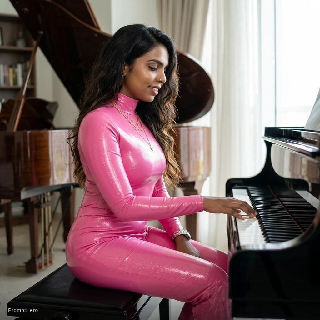 AI generated: She sits on a sleek, black piano bench, her body turned slightly to the side, showcasing the dramati...