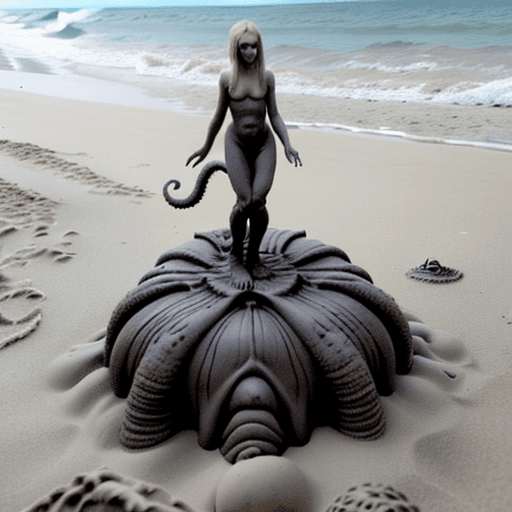 AI generated: Une fille sur la plage, elle joue dans le sable avec L'abomination des Enfers Cthulhu