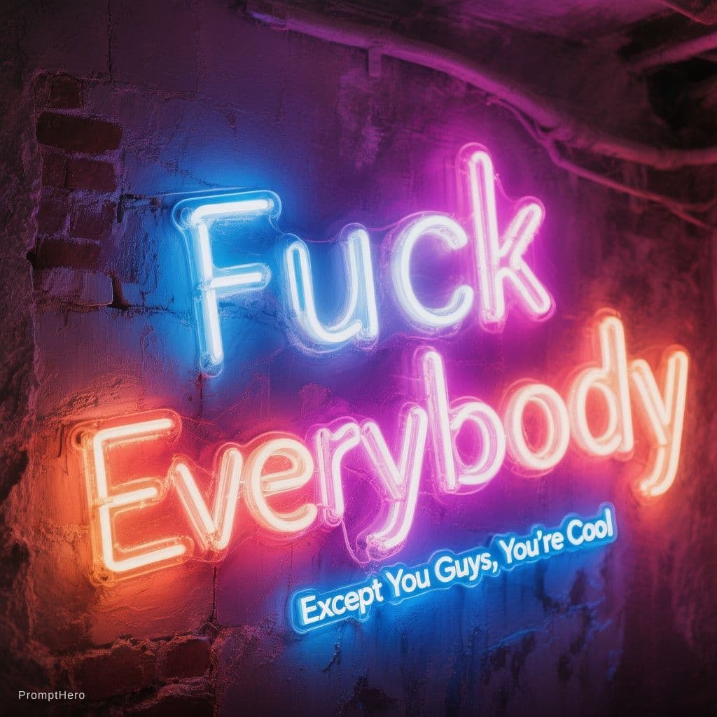 AI generated: a bright colored neon sign that says "Fuck Everybody" and small lettering at the bottom that says "E...