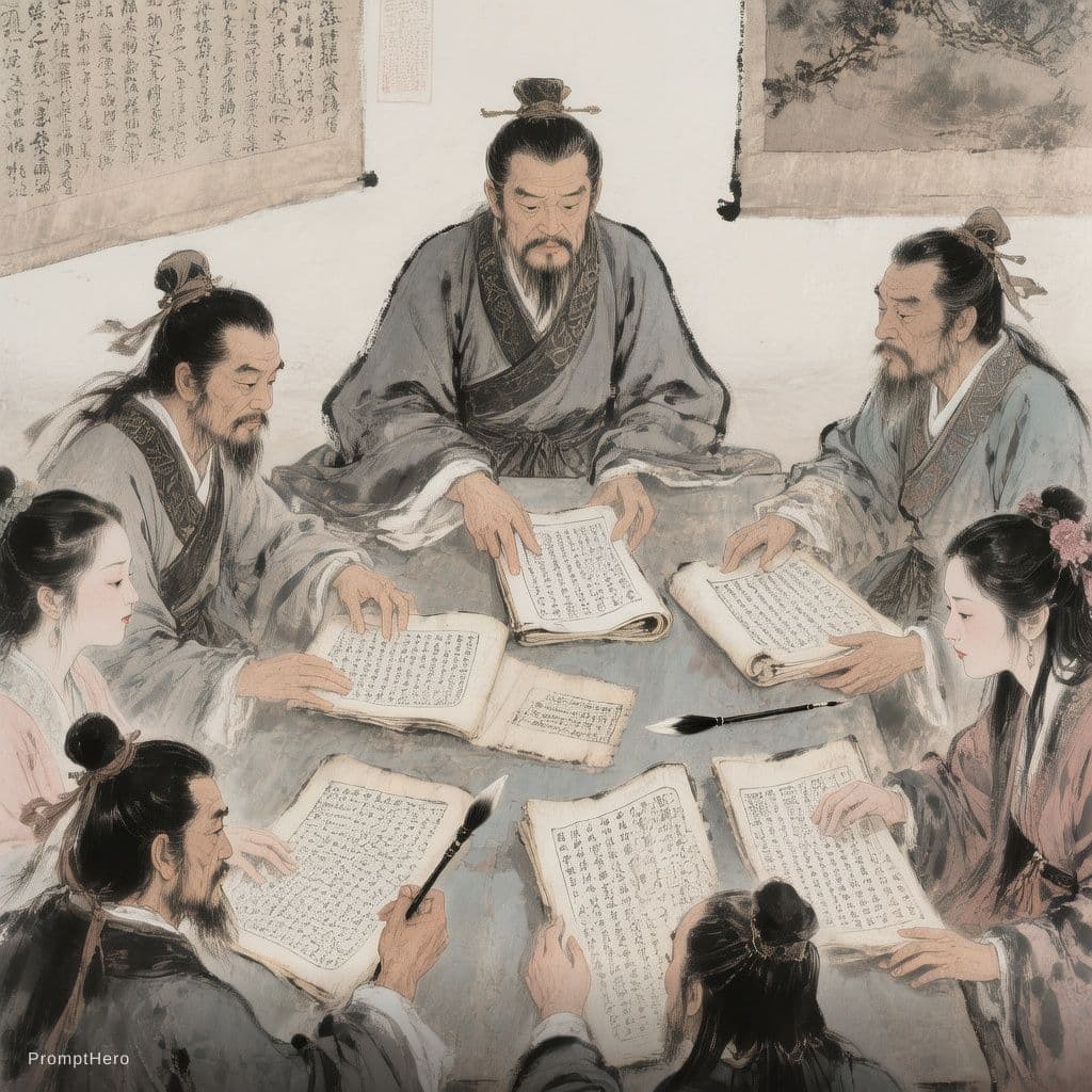 AI generated:  china black brush painting, overhead view of ancient chinese figures in hanfu gathered around a rec...
