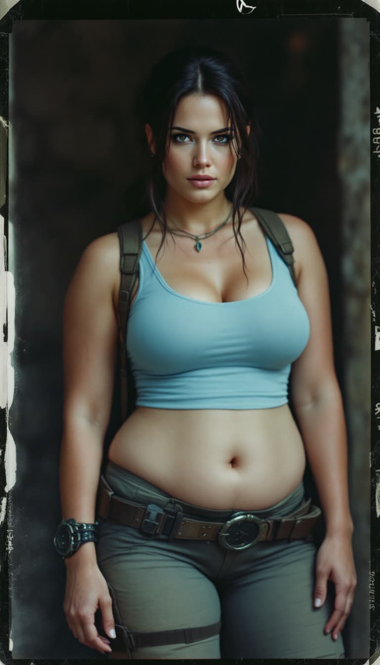 AI generated: Lara Croft,Tomb Raider 2013,shot on a Polaroid photo, light blue tank tshirt ,tank pants,A plus body...
