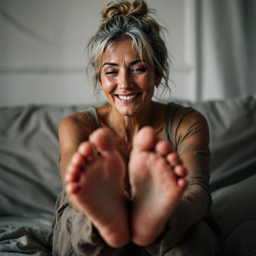 AI generated: mature woman with sweaty feet 