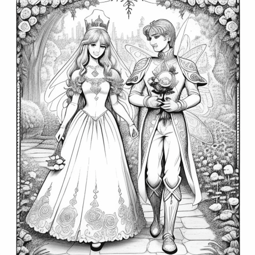 AI generated: Garden coloring page, Garden coloring page, a fairy and a queen with cute eyes, tender smile, both w...