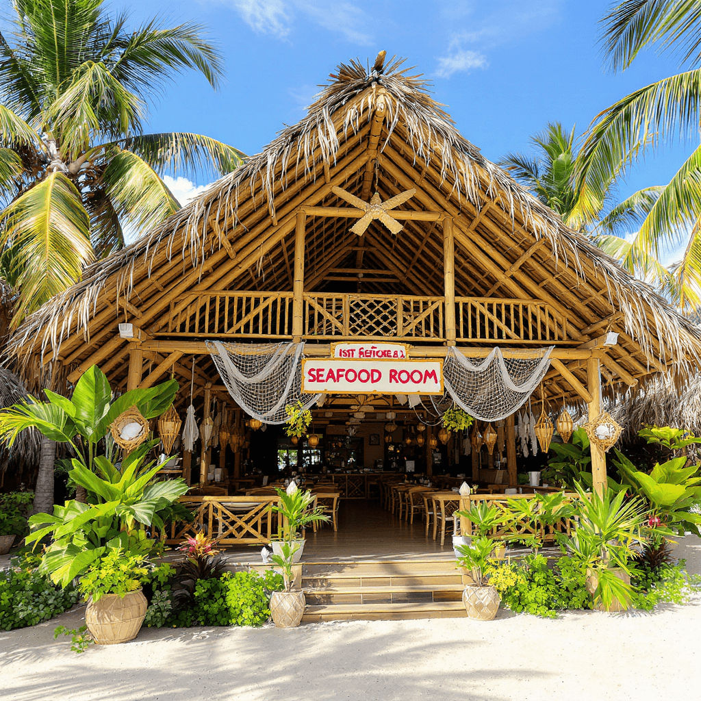 AI generated: A seafood restaurant built entirely of bamboo in a tropical and rustic style, located on a plot meas...