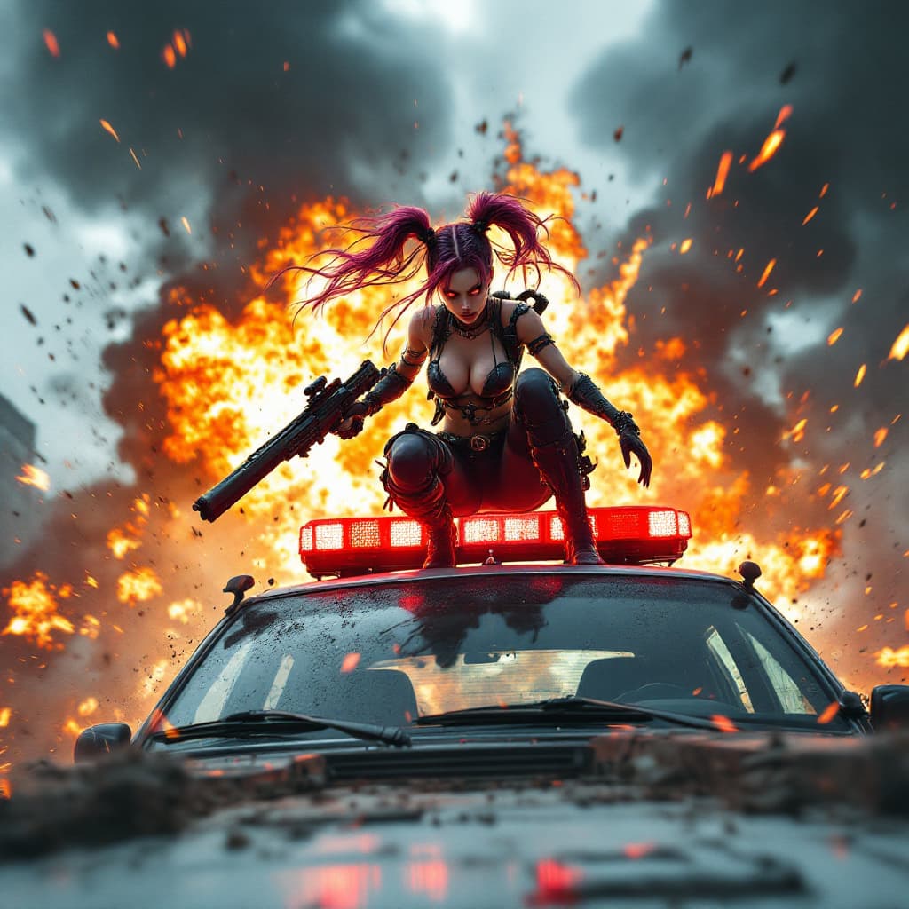 AI generated: Jinx, on top of a police car, explosions behind her, fire, chaos, minigun, far view, bullet hell, <l...