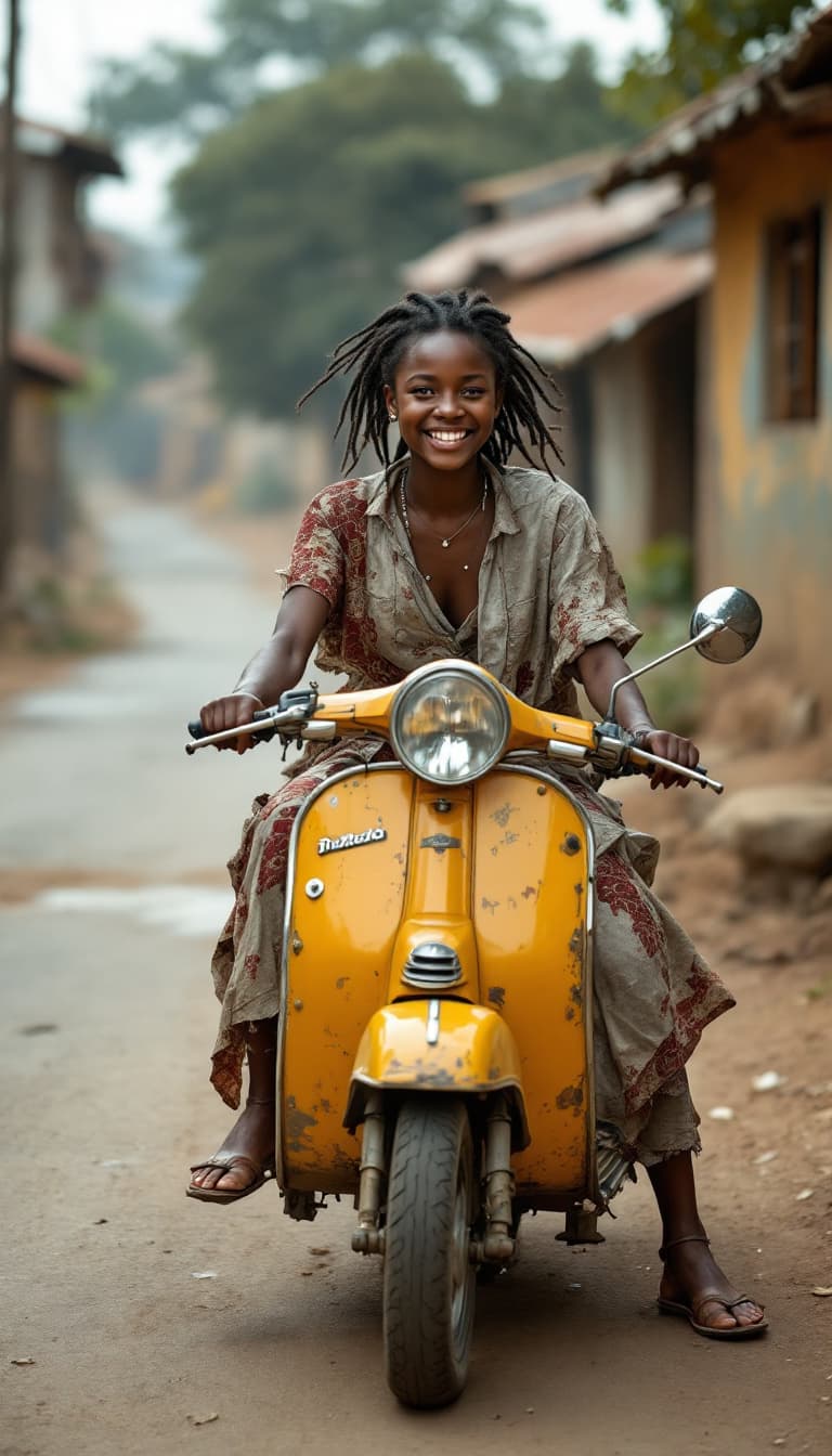 AI generated: Etwa 13 Jahre Junges afrikanisches Mädchen lächelnd auf einem sehr alten verbeulten Moped fährt über...