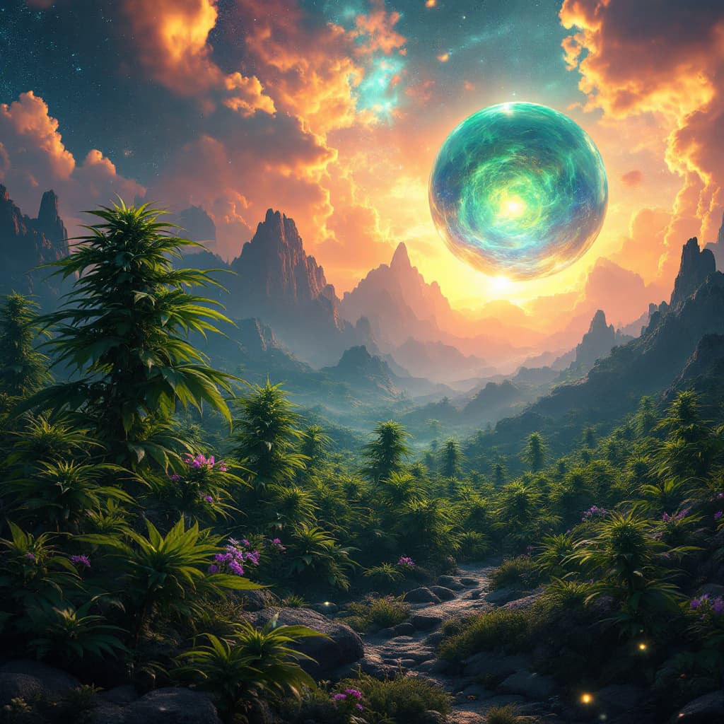 AI generated: Fantasy landscape, dynamic lights, glowing emerald, nebulas, sunset,,8k photorealistic eternal  ambi...