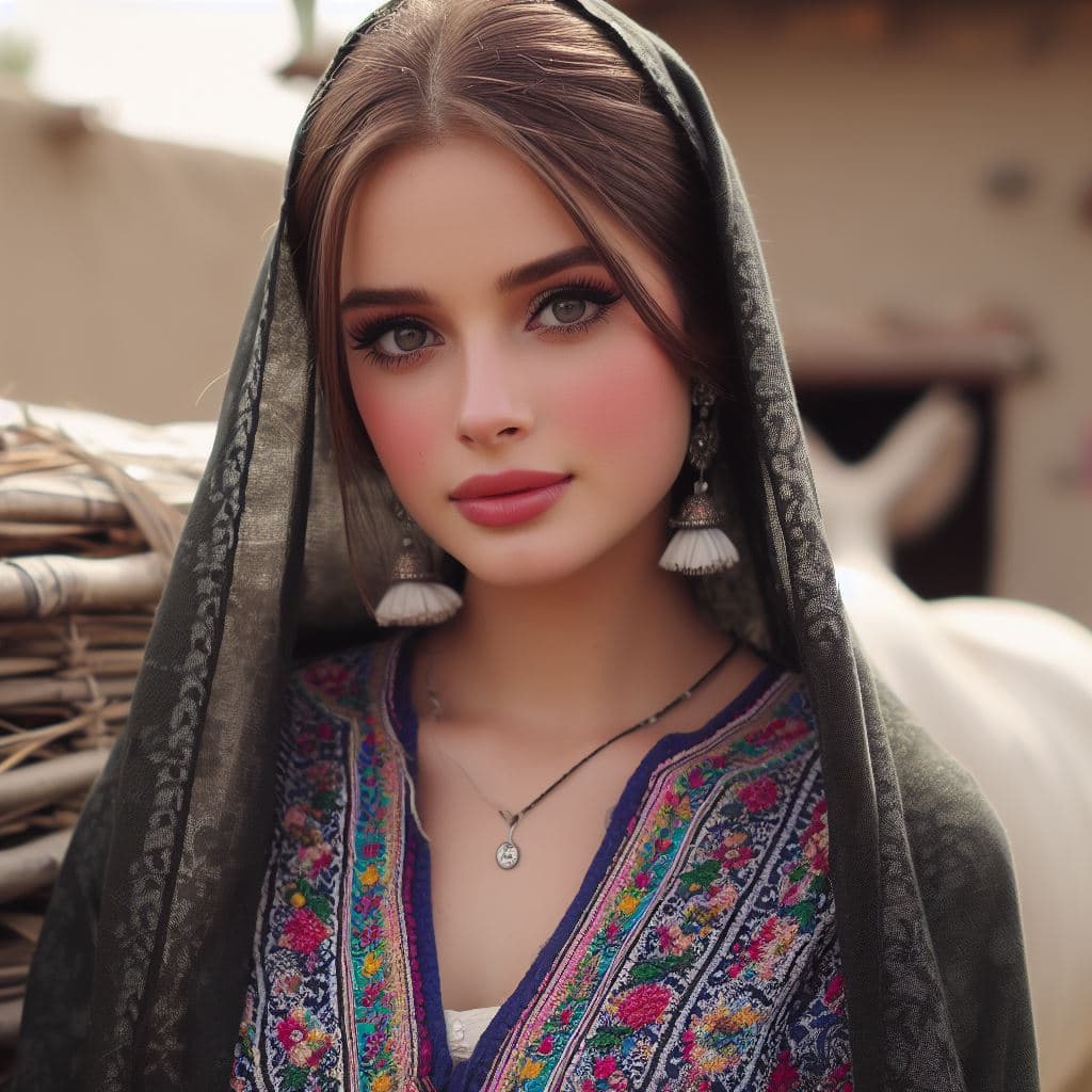 AI generated: A realistic beautiful village girl, age 22, full body, wearing traditional Pakistani dress, camera l...