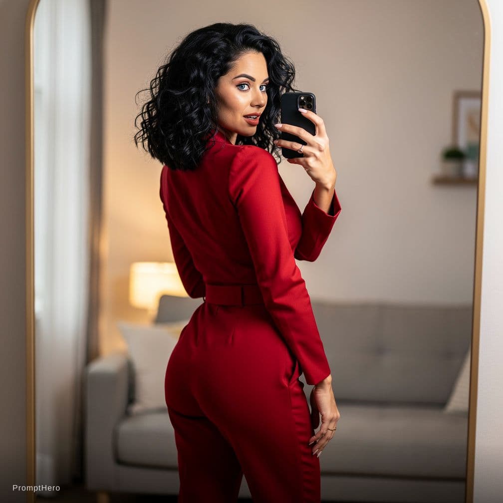 AI generated: Ultra realistic woman who Lovestory to Show her body,selfish and with lingurie underwear in red with...