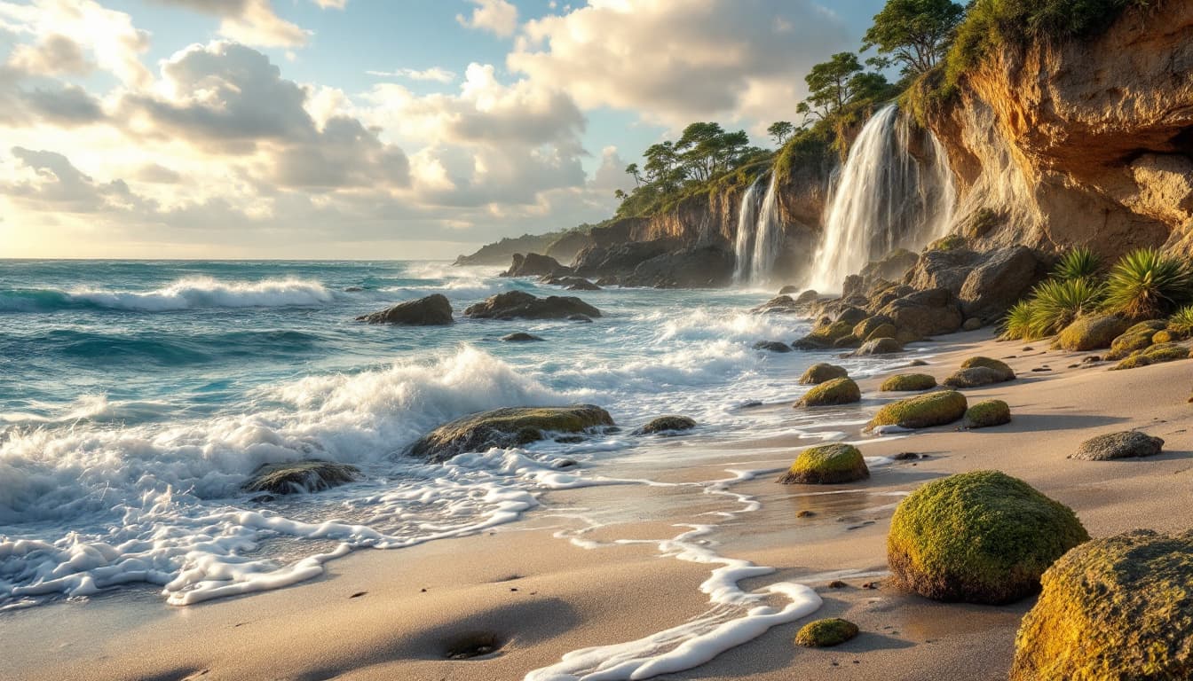 AI generated:  a landscape of water with marine plants and sands waterfalls