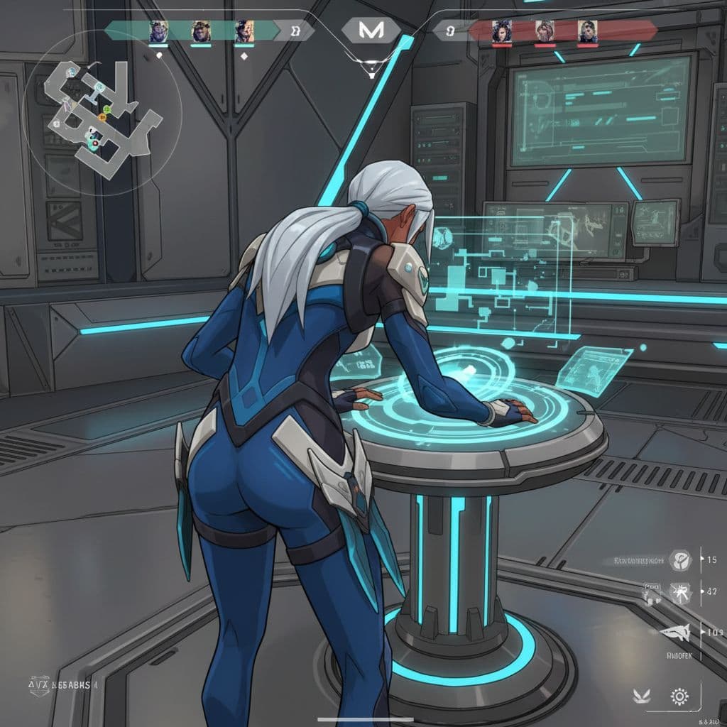 AI generated: Jett from valorant bent over camera behind, graphics and model from the game