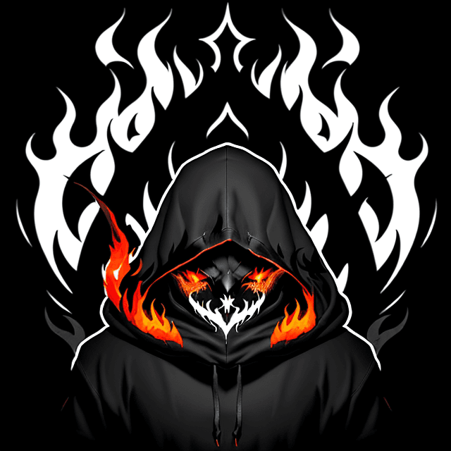 AI generated: The image features a stylized logo of a hooded shadow killer character, dark flames, with a white bo...
