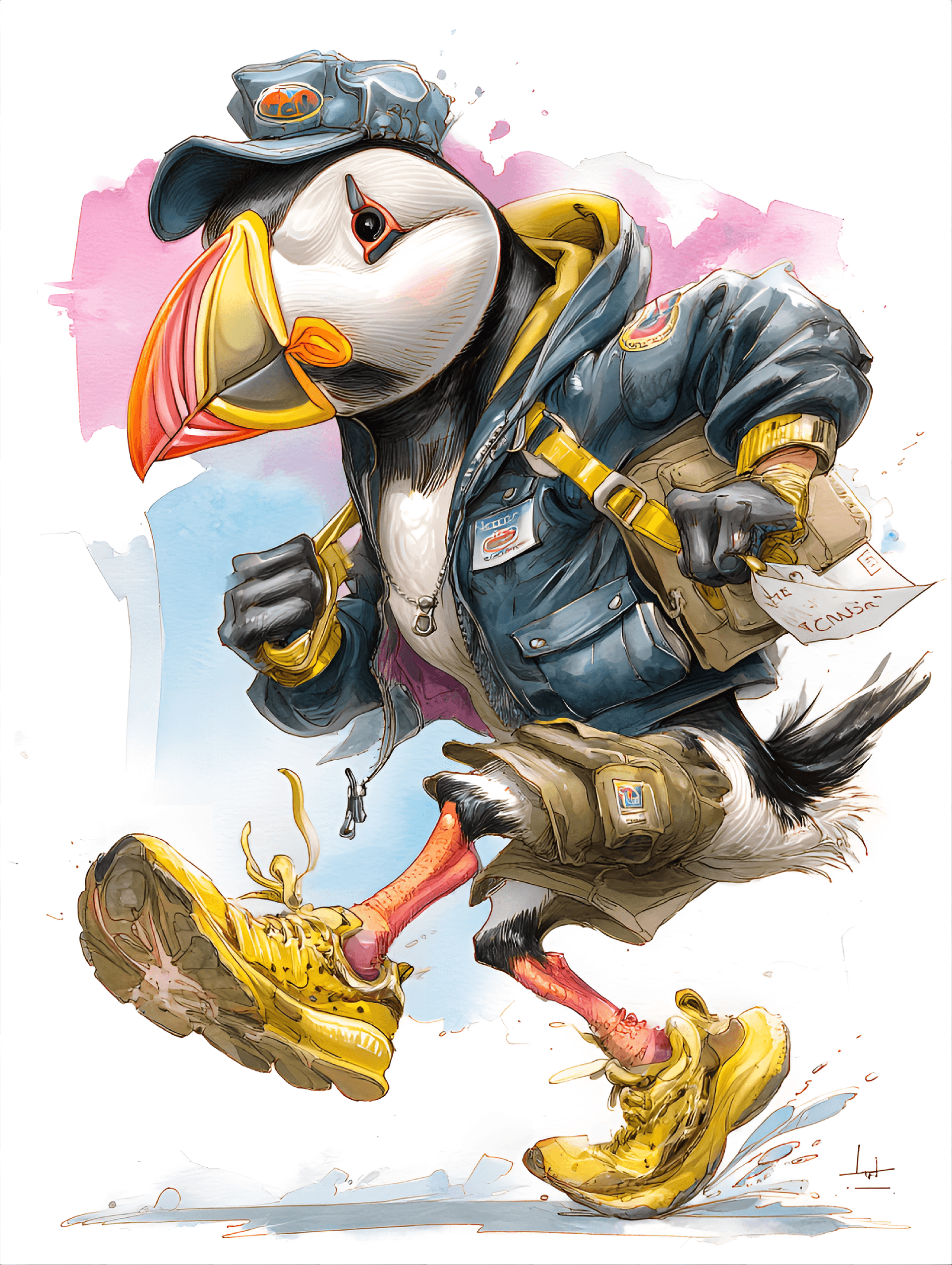 AI generated: funny caricature, puffin animal caricature, young arctic male, 2 years old, colorful beak, sleek fea...