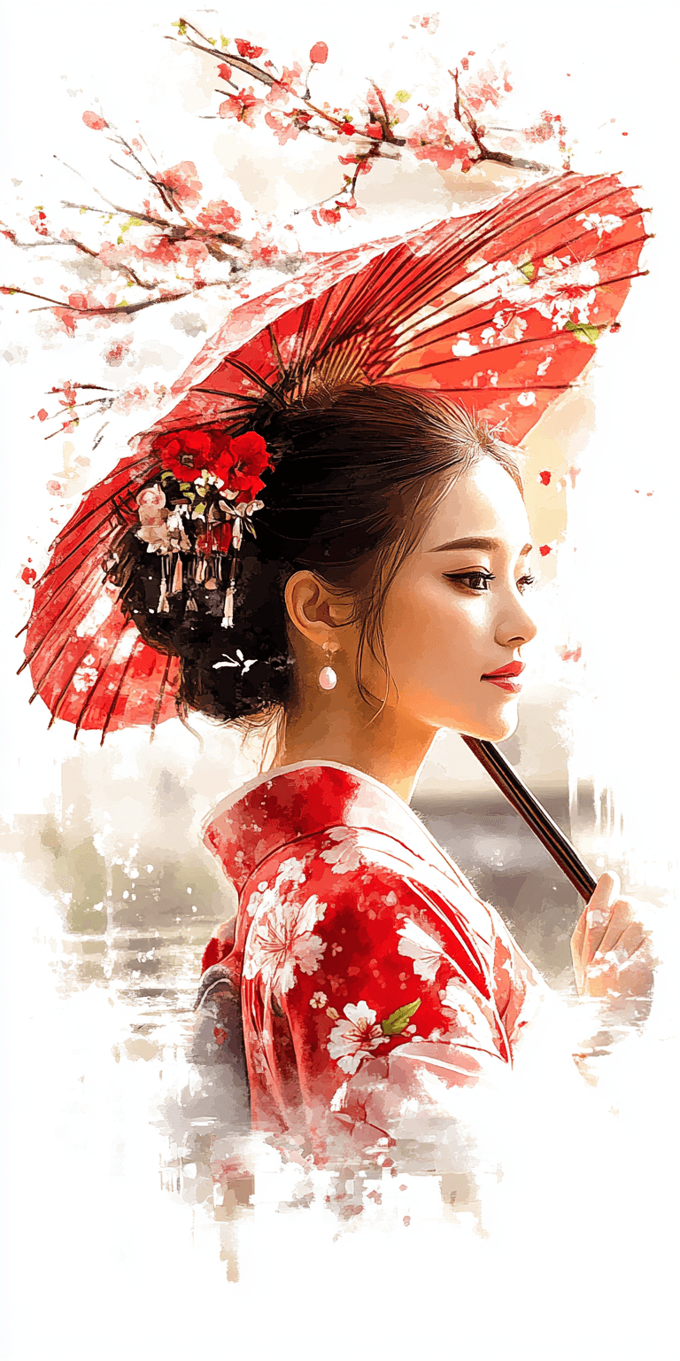 AI generated: a green, white, and red oriental painting, feminine beauty, in the style of botanical impressions, m...