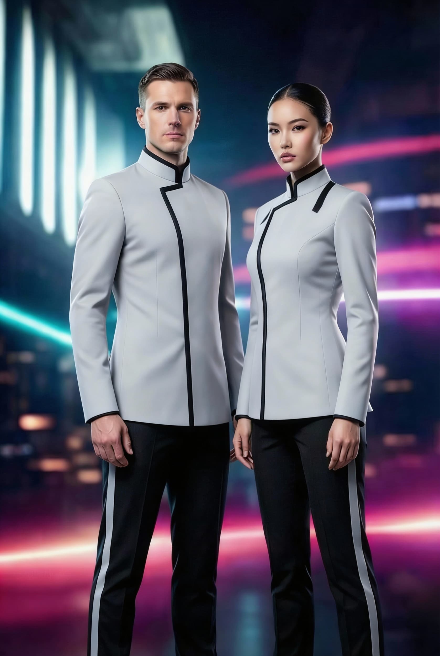AI generated: Create a Sci-Fi uniform. Use the reference image and turn all red to Grey. The color of the uniform ...