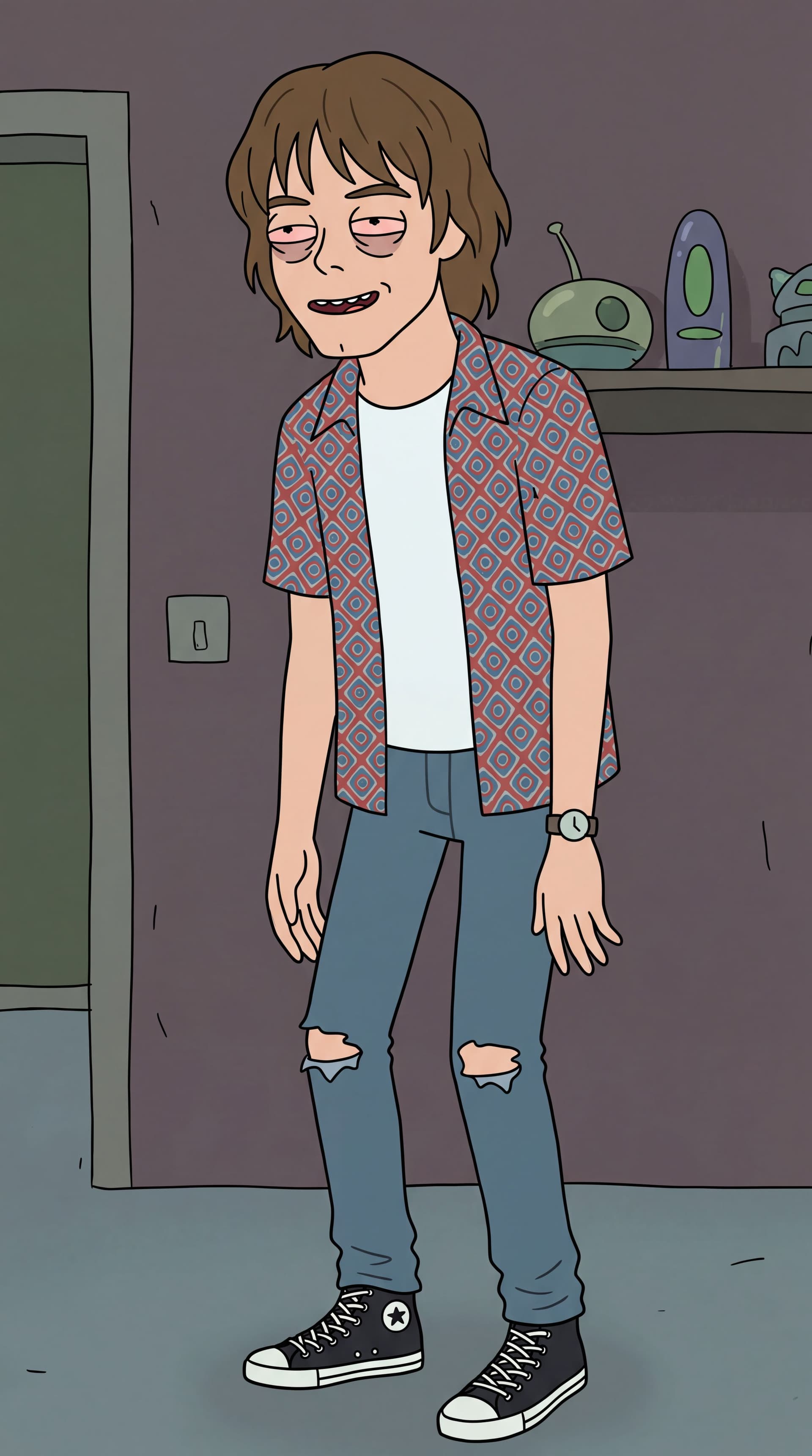 AI generated: Generate full-body Stranger Things Jonathan Byers in the iconic Rick and Morty animation style. Inpu...