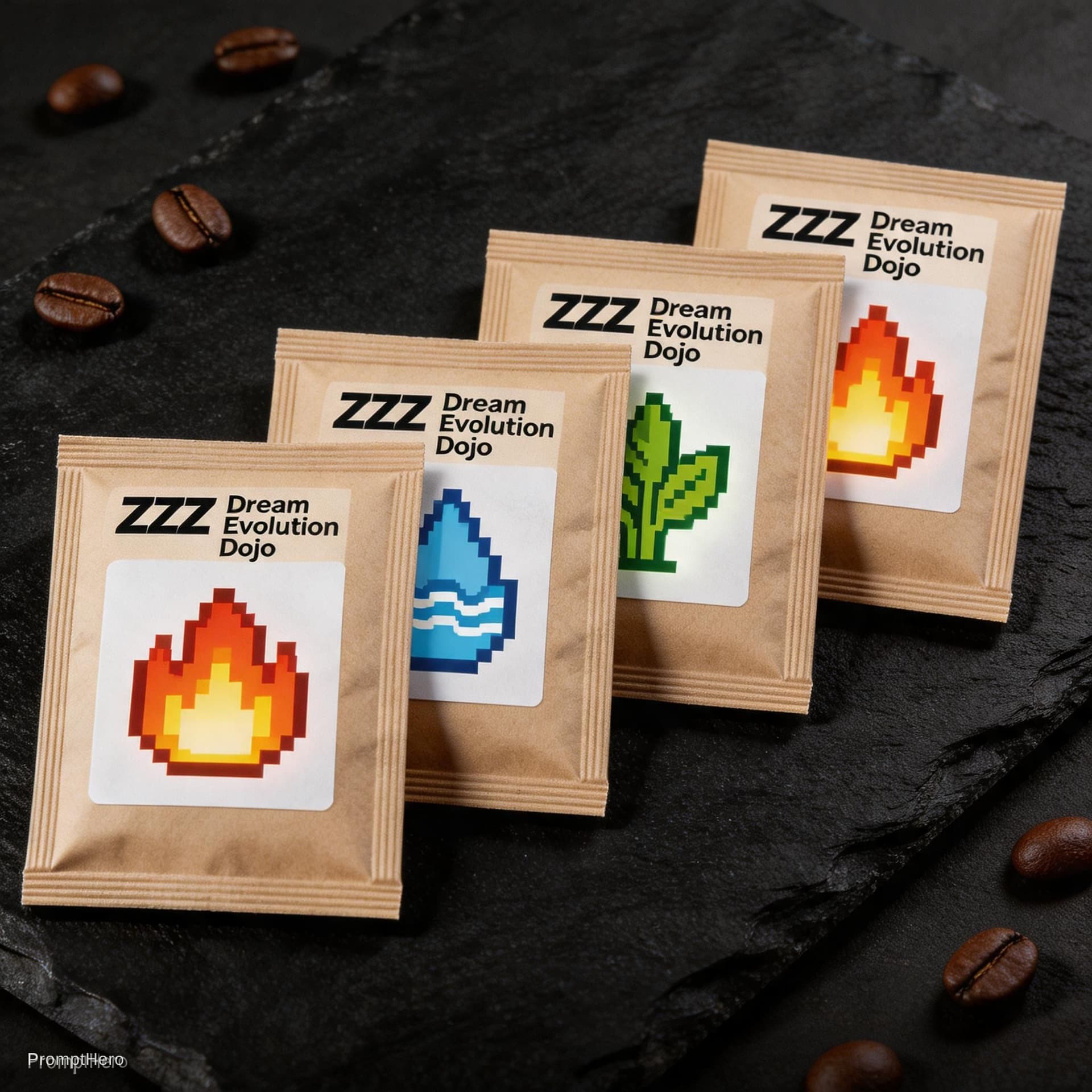 AI generated: Premium product photography of four different coffee drip bag packages arranged neatly on a textured...