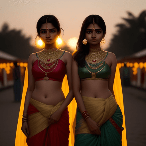 AI generated: Indian Women showing one side waist at sunset lights in standing position
