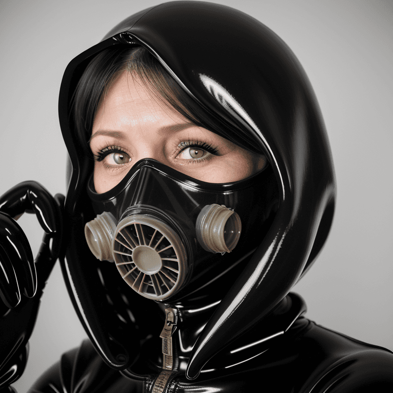 AI generated: hyper realistic headshot photo of a 40 year old woman, wearing a latex gas mask, a latex catsuit wit...