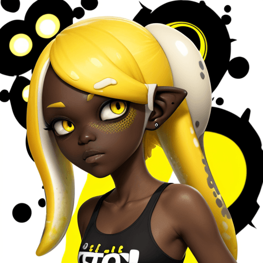AI generated: splatoon, inkling, dark skin, yellow hair, tranced, spiral eyes