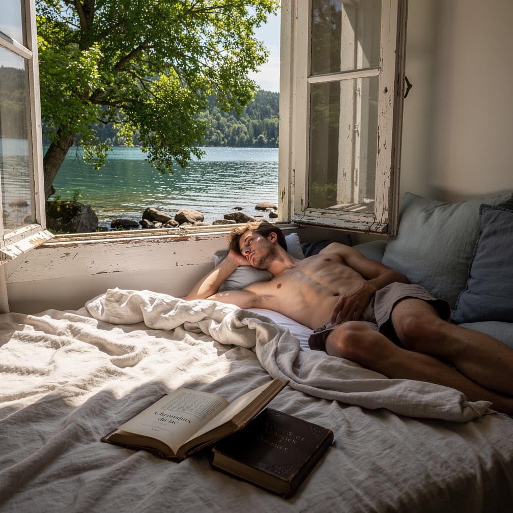 AI generated: Intérieur d’une petite chambre au bord d’un lac, lumière estivale intense entrant par une grande fen...