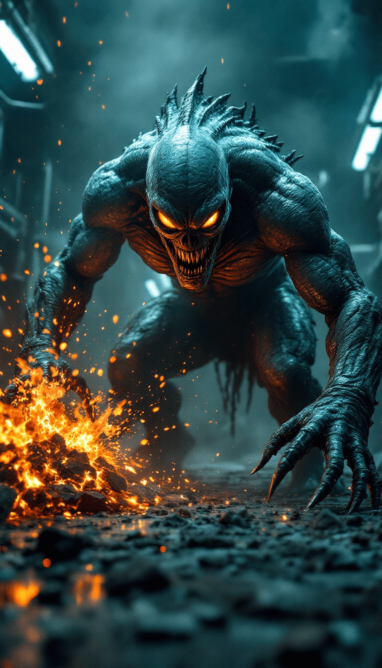 AI generated: terrifying full length shot of an intimidating radioactive atomic monster in a laboratory breaking e...