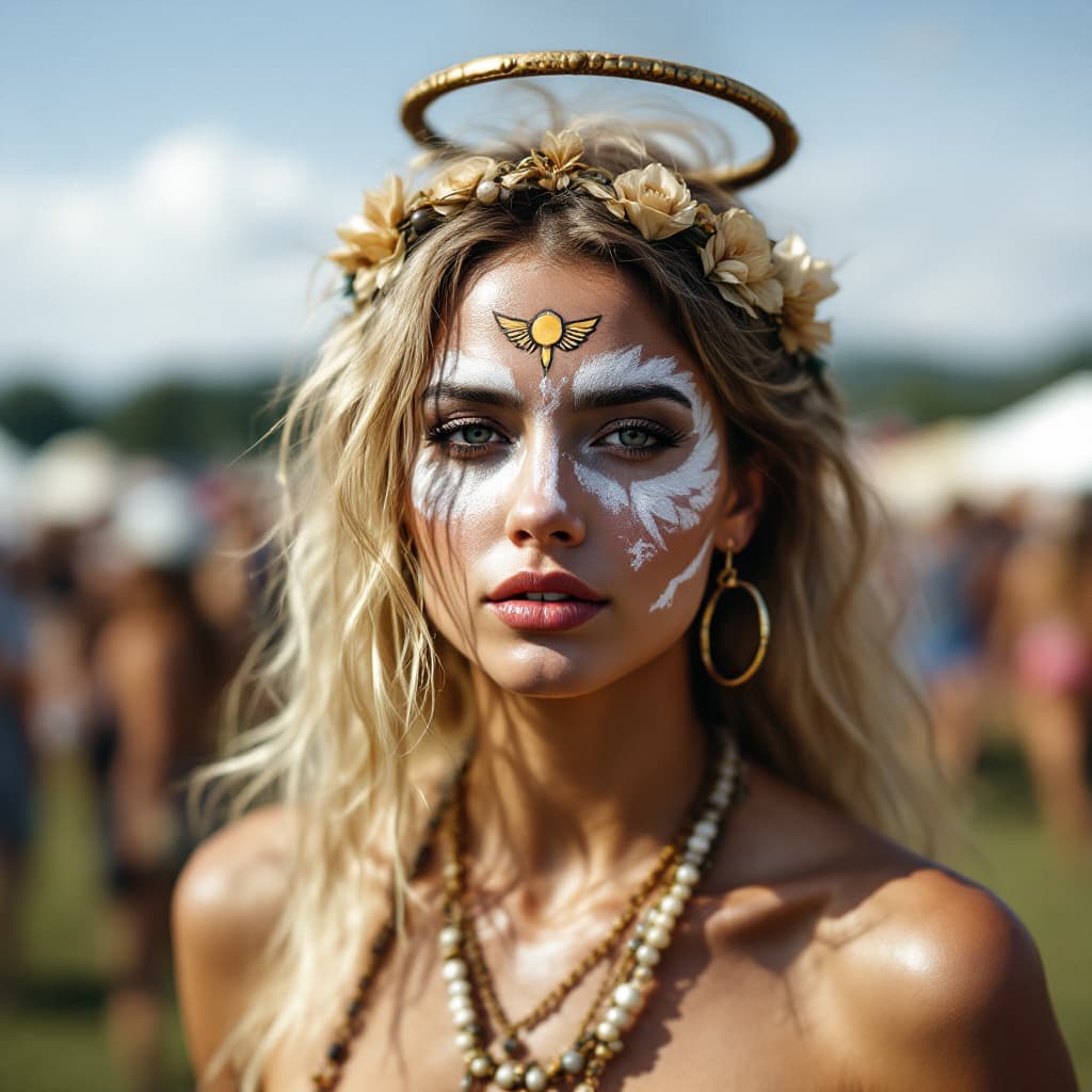 AI generated: Nude female Hippie, angel face, bodypainted in Woodstock 