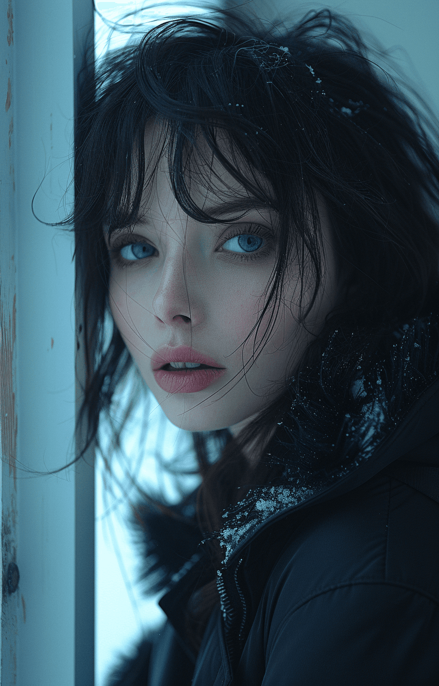 AI generated: woman in a black jacket leaning against a wall, in the style of tsubasa nakai, romantic soft focus a...