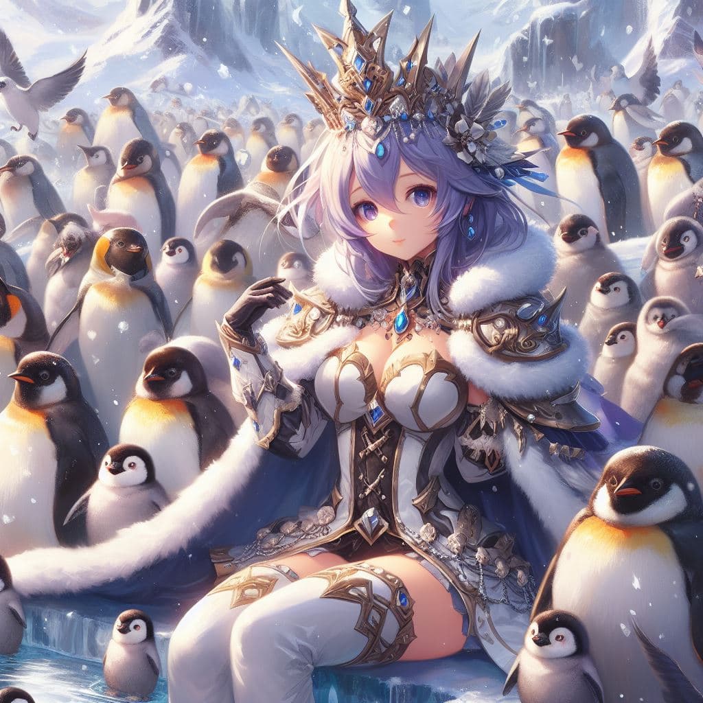 AI generated: anime girl Penguin Queen, fantasy armor, north pole, snow and ice, lots of penguins, oil painting